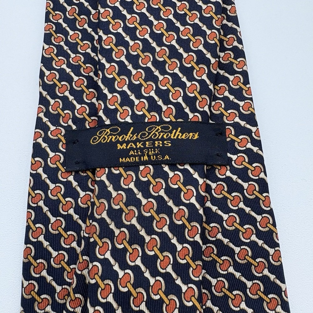 Brooks Brothers Makers Silk Tie Men Bit Link Geometric Pattern Navy Orange USA